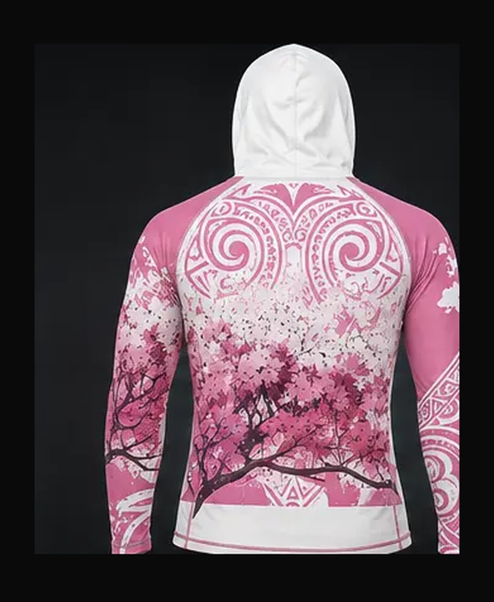 White / Coral Pink rashguard — back view on ghost mannequin