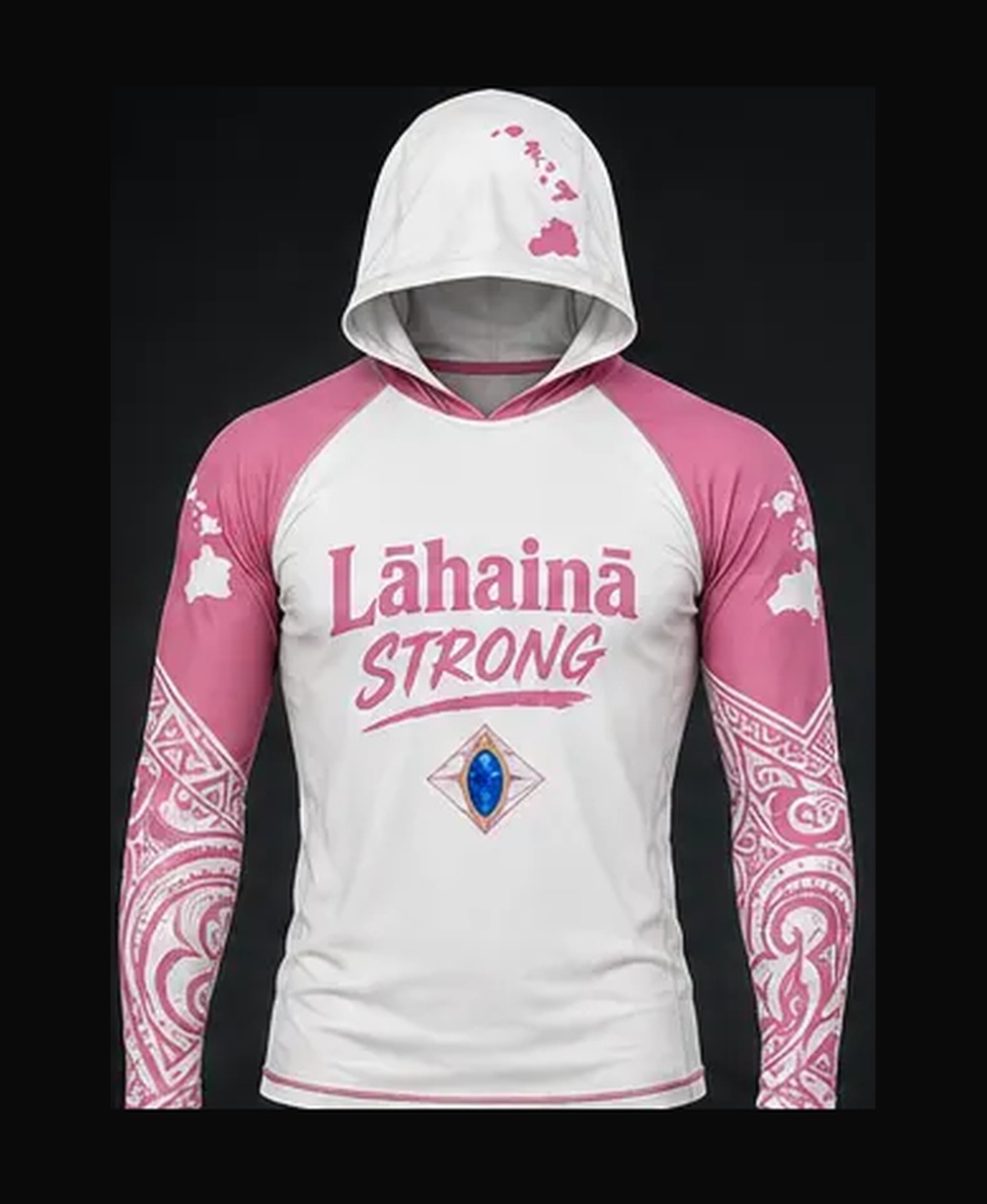 White / Coral Pink rashguard — front view on ghost mannequin