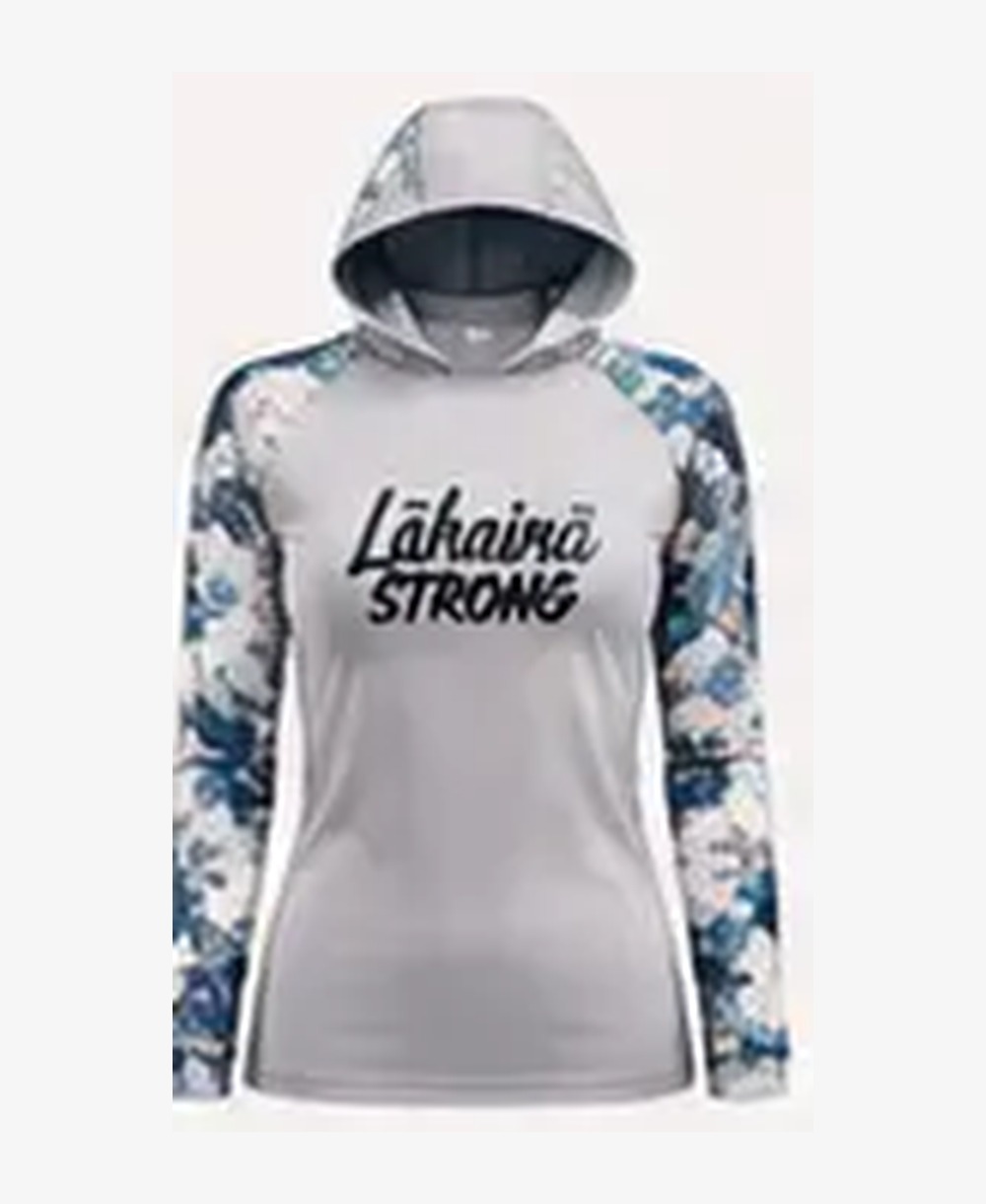 Women's Floral — Blue Camo / Light Gray rashguard — front view on ghost mannequin