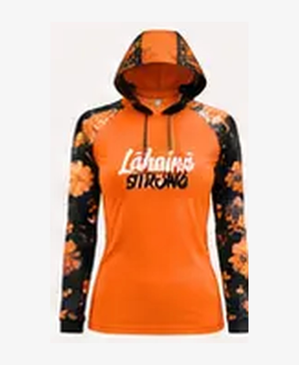 Women's Floral — Bright Orange / Black rashguard — front view on ghost mannequin