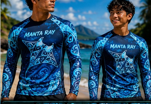 Swimmers on a Maui shoreline wearing the Manta Ray Deep Sea Blue rashguard