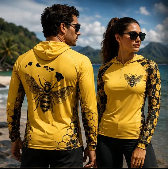 Two surfers on a Maui beach wearing the Maui Bee Sunrise Yellow hooded rashguard