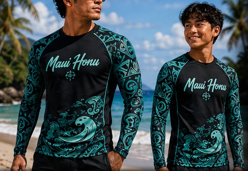 Beachgoers on Maui wearing the Maui Honu Turquoise Black rashguard