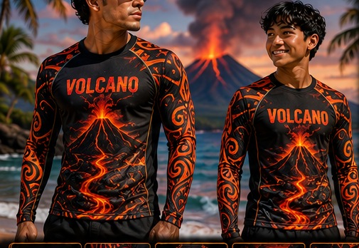 Surfers on a Maui beach at sunset wearing the Volcano Lava Black rashguard
