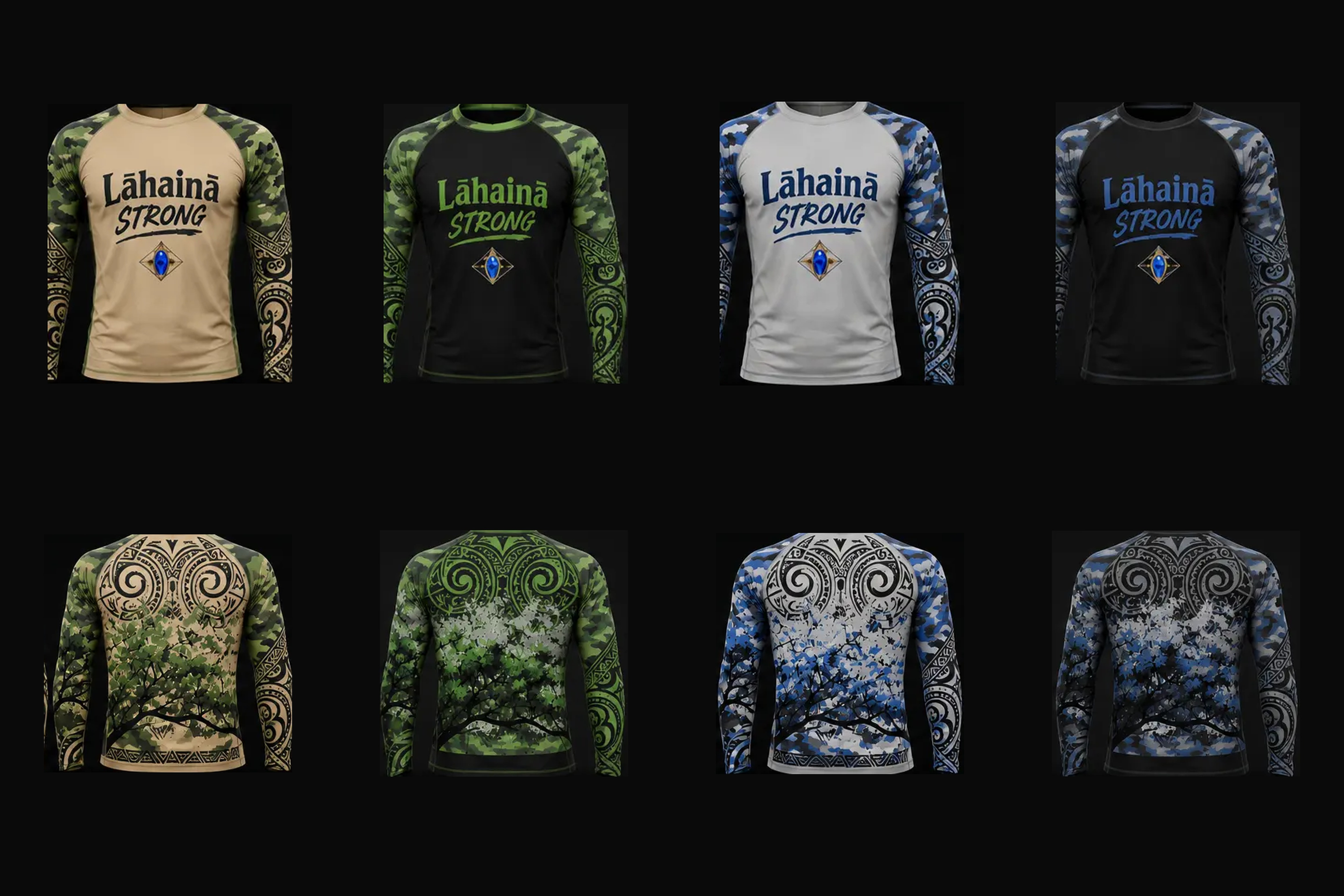 Lāhainā Strong camo performance rashguard collection without hoods — Green Camo/Tan, Green Camo/Black, Blue Camo/Gray and Blue Camo/Black front and back views