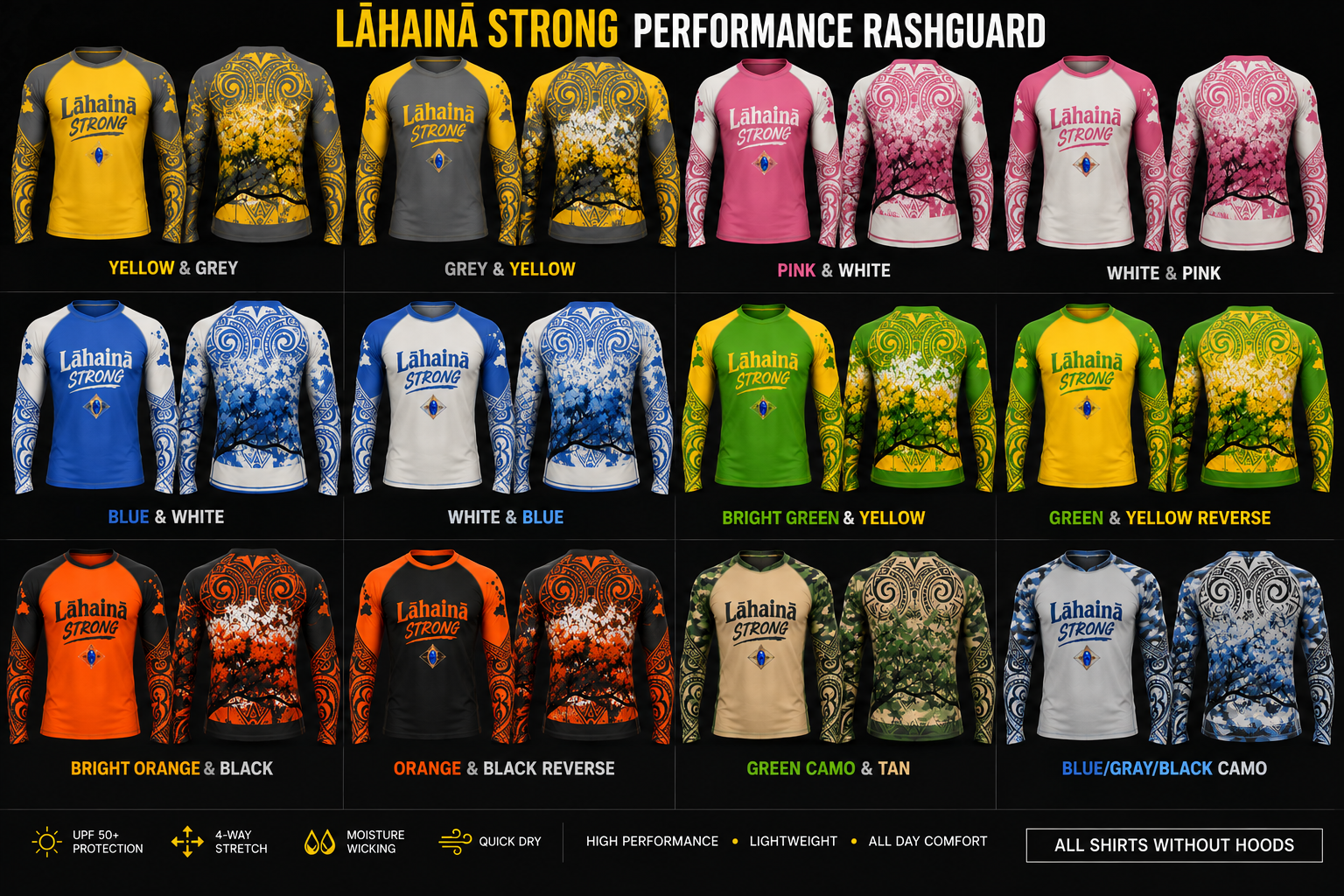 Lāhainā Strong performance rashguard collection without hoods — Yellow/Grey, Grey/Yellow, Pink/White, White/Pink, Blue/White, White/Blue, Bright Green/Yellow, Green/Yellow reverse, Bright Orange/Black, Orange/Black reverse, Green Camo/Tan and Blue/Gray/Black Camo front and back views