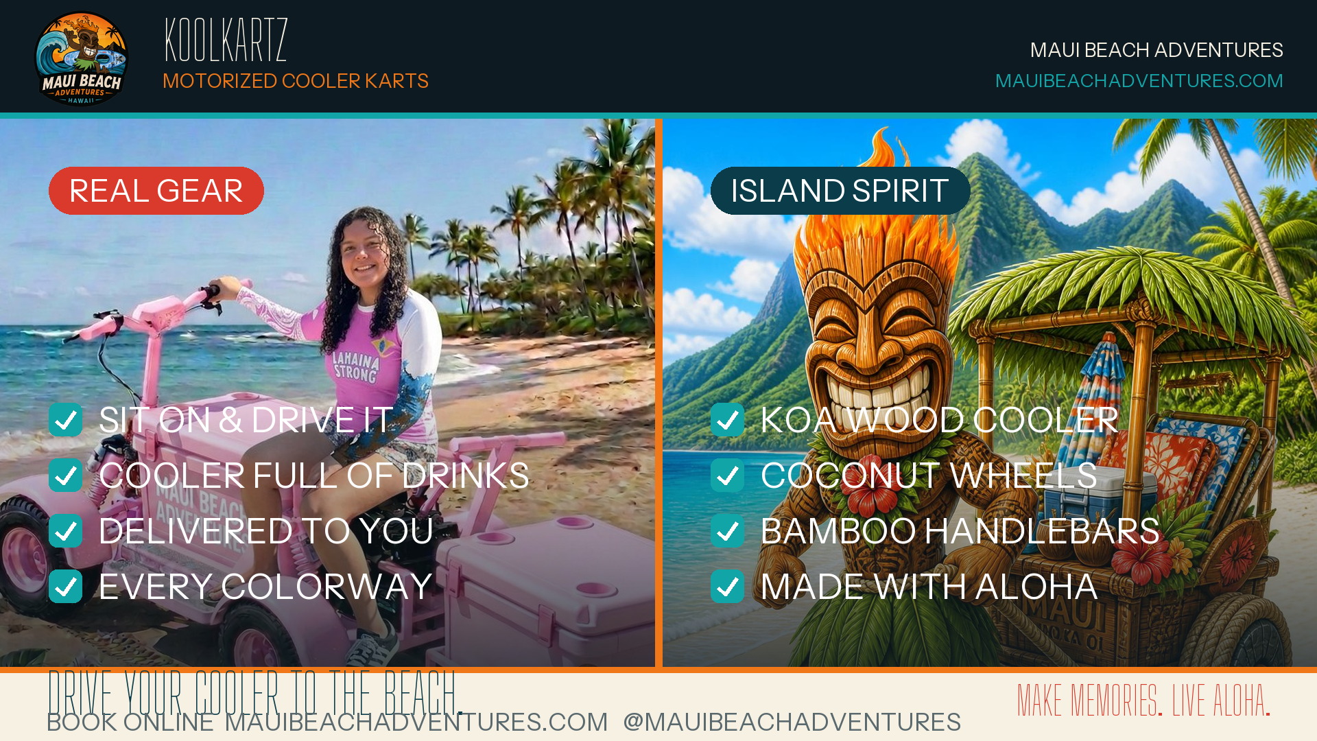 Maui Beach Adventures Beach Carts branded end card — Maui Beach Adventures