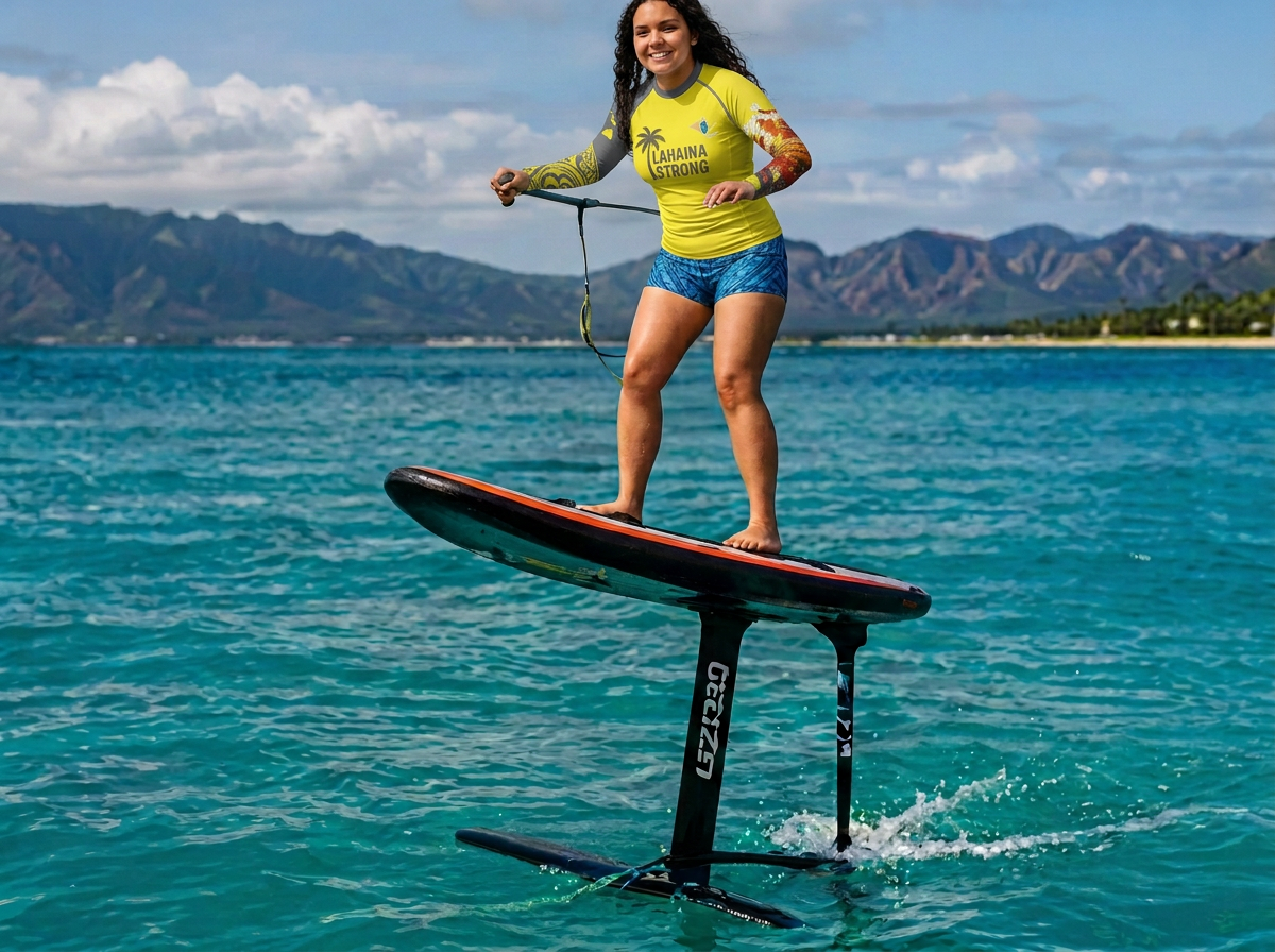 Bella in branded gear lifting above the Pacific on the electric Hydro Flyer hydrofoil board off the Maui coast