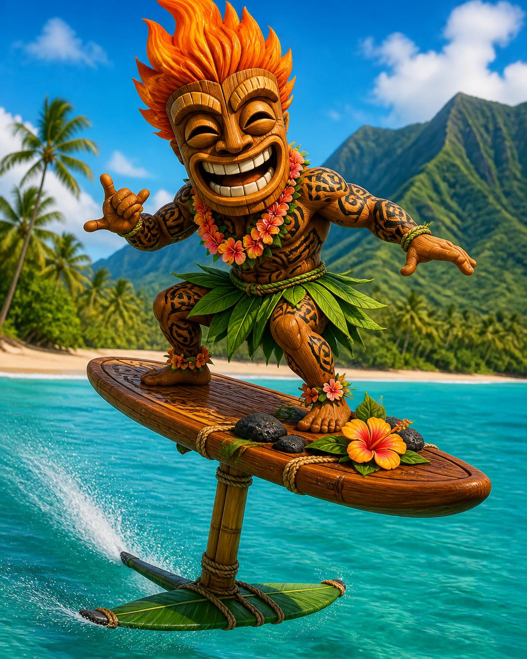 Tiki mascot balancing on a handmade Hydro Flyer tribute with a carved koa foil, bamboo mast and palm leaf wing above the shorebreak
