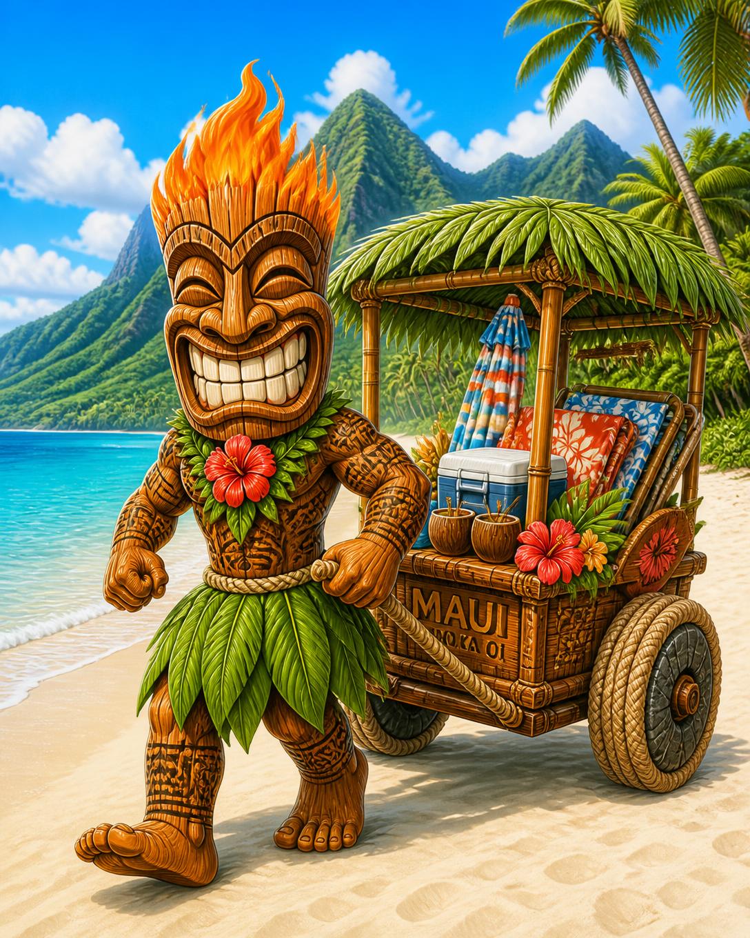 Tiki mascot pulling a handmade beach cart tribute with a bamboo canopy, koa wood bed and lava rock wheels along a Maui beach