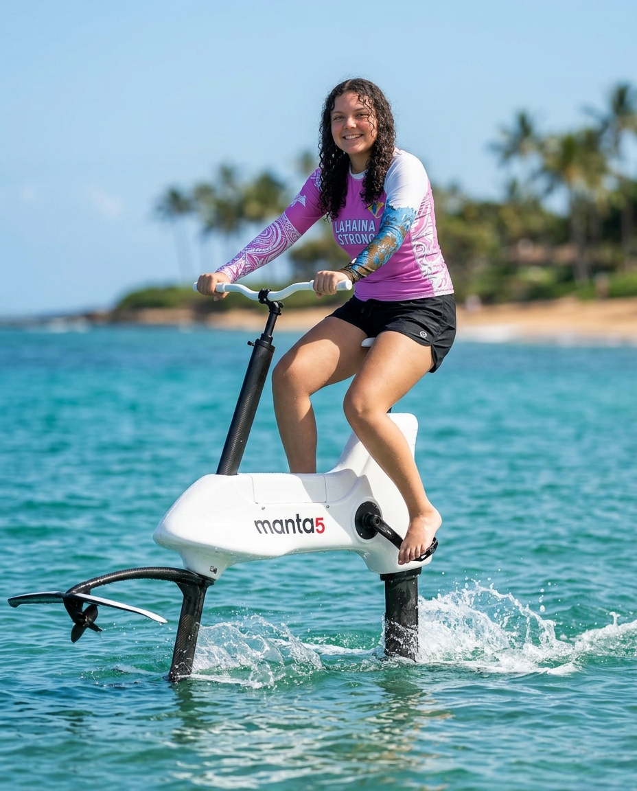 Bella in a branded rashguard pedaling the Manta5 hydrofoil bike so the hull rises clear of the ocean surface off Maui