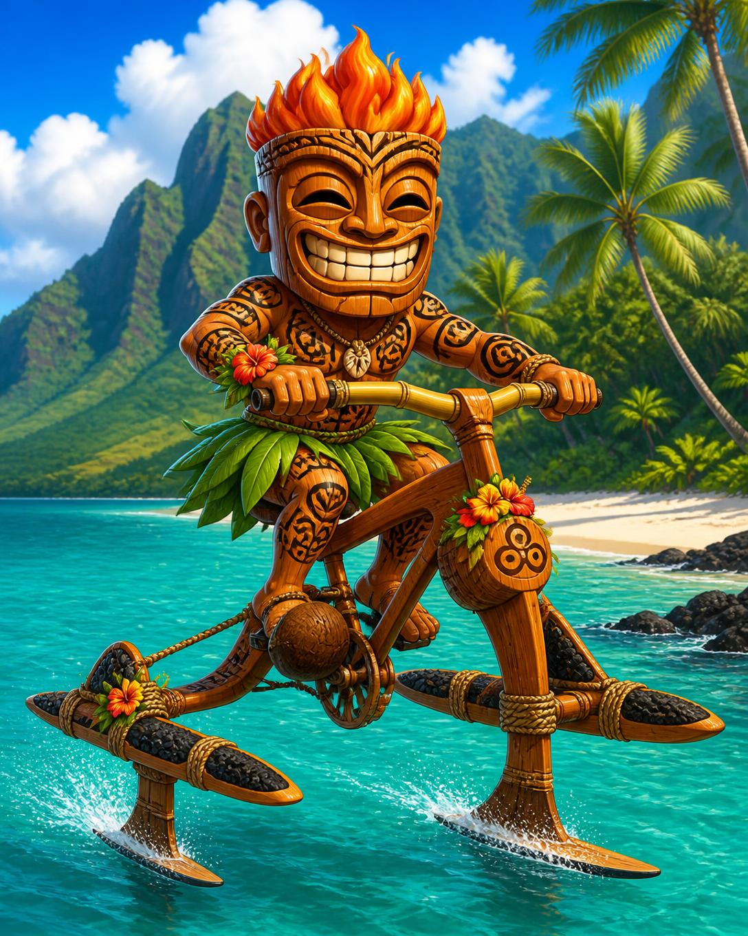 Tiki mascot pedaling a handmade Manta5 tribute hydro bike with koa wood frame, coconut cranks and a rope-lashed foil