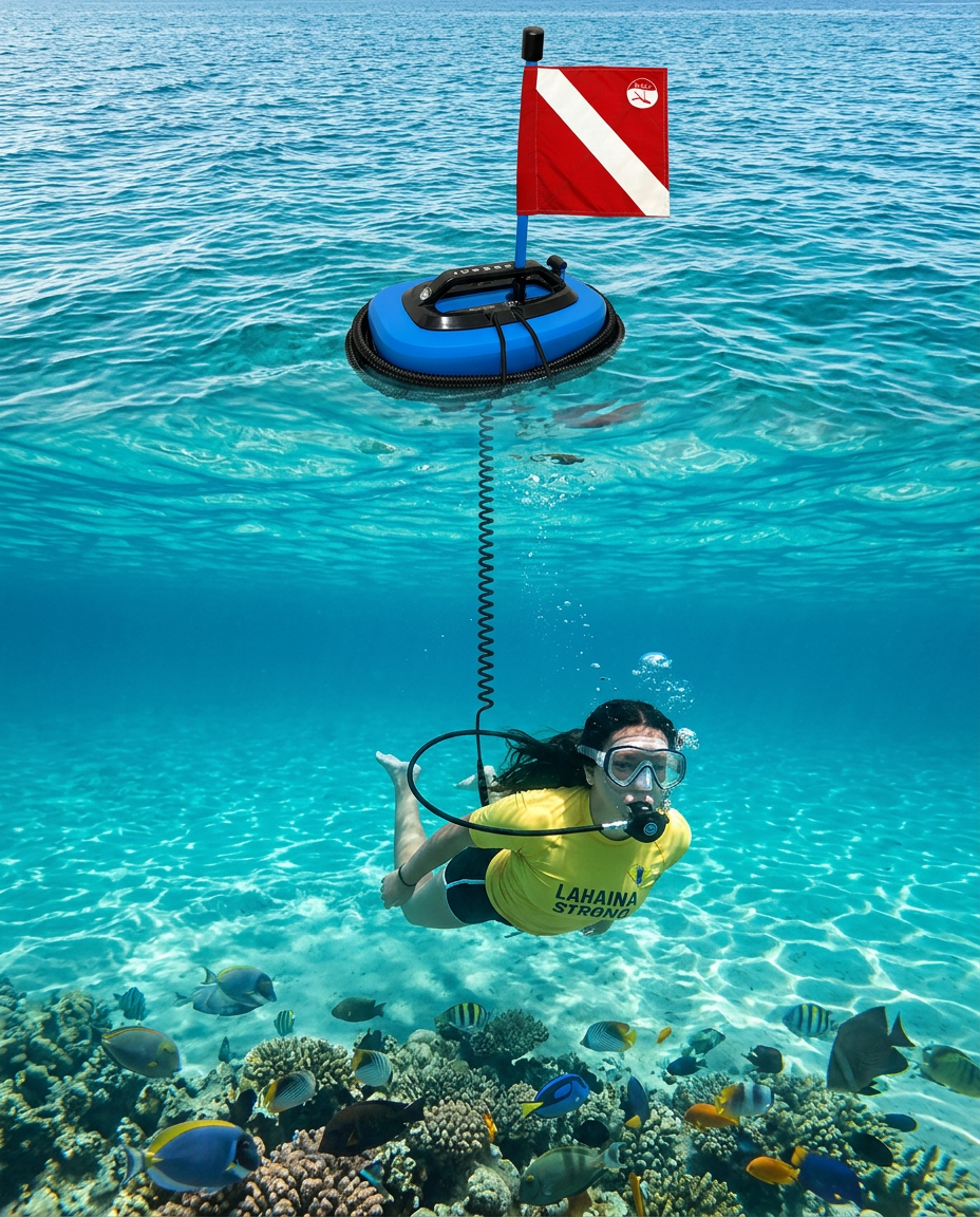 Bella wearing a branded rashguard beside the floating BLU3 Nemo tankless scuba unit, regulator hose in hand, ready for a 10-foot reef dive off Maui