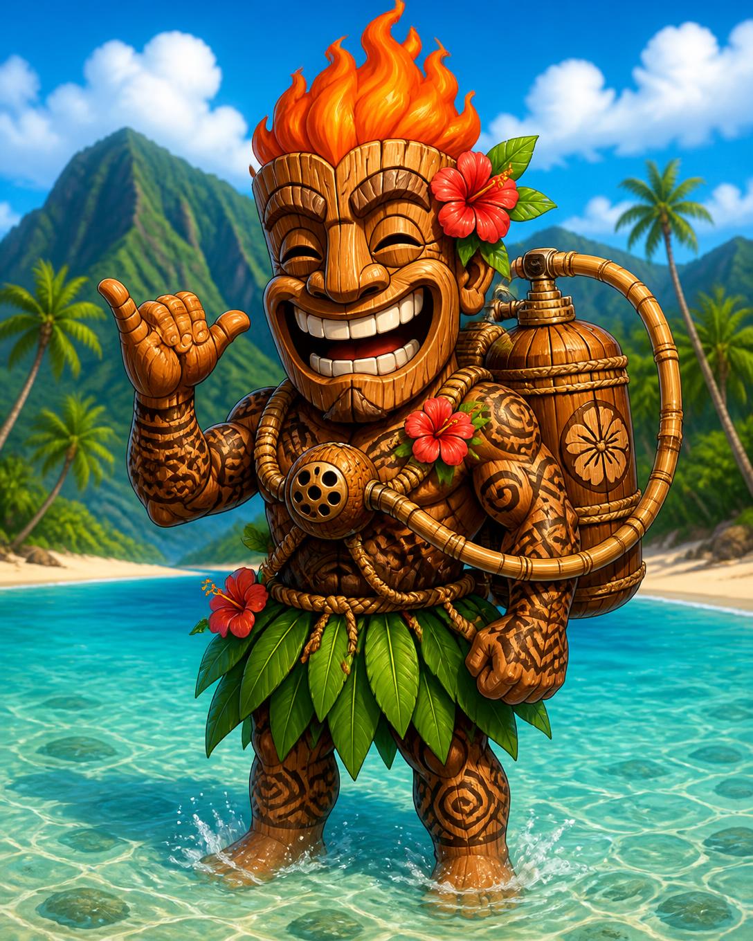 Tiki mascot wearing a handmade Nemo tribute rig carved from koa wood with a woven rope harness, hibiscus and ti leaf accents on a Maui beach