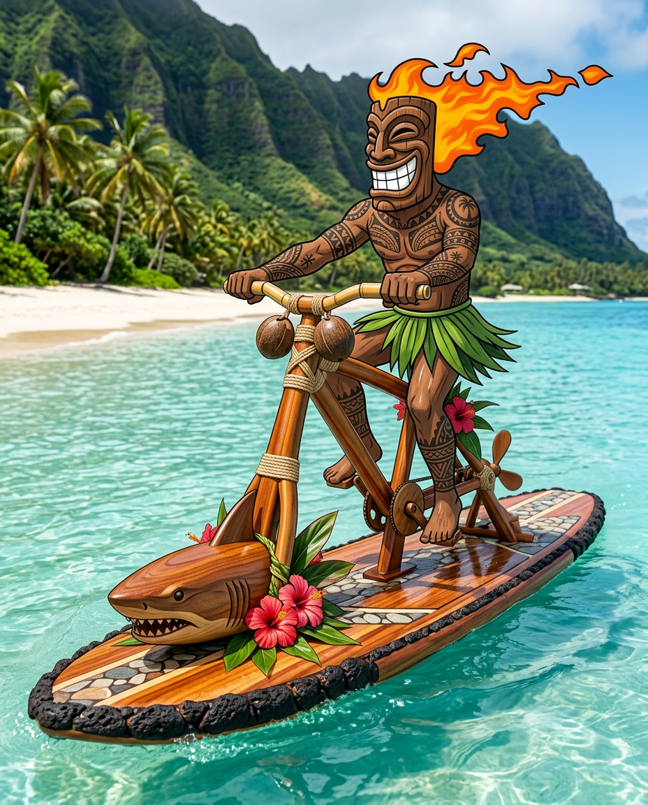 Tiki mascot riding a handmade Red Shark tribute water bike with koa wood frame, bamboo handlebars and a carved shark head on the bow