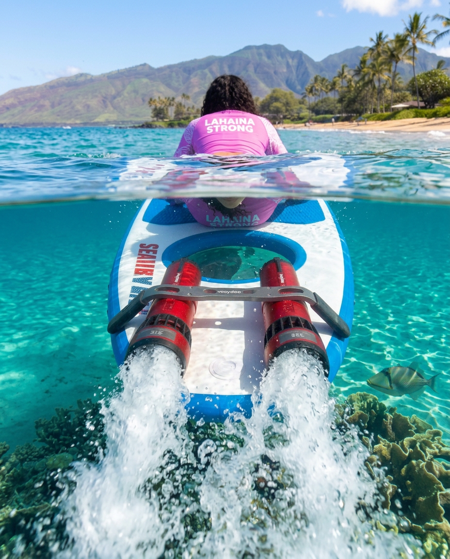 Bella in a branded Maui Beach Adventures rashguard pedaling the blue Maui Sea Board with its glass viewing porthole across clear South Maui shallows