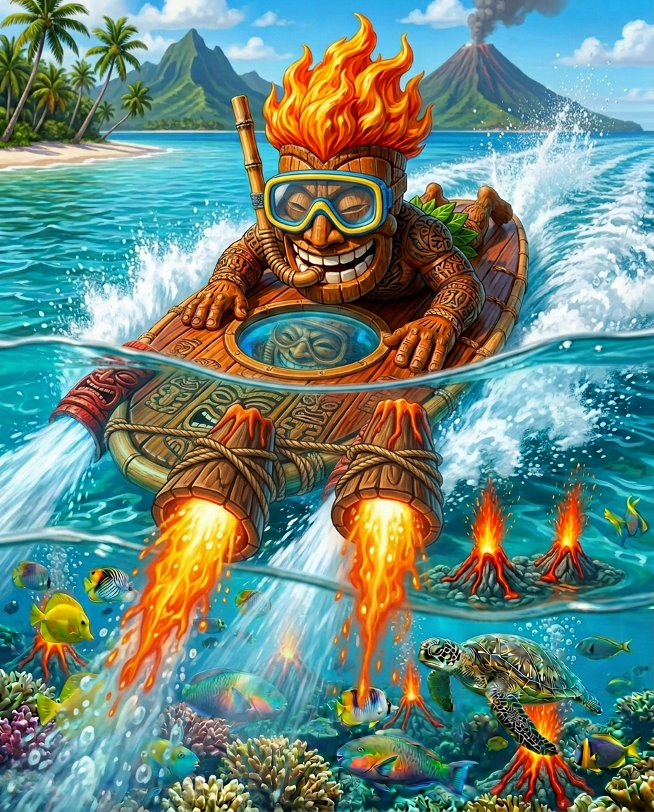Smiling tiki mascot on a handmade Maui Sea Board tribute built from hand-lashed bamboo, coconut trim and lava rock detailing at the shoreline