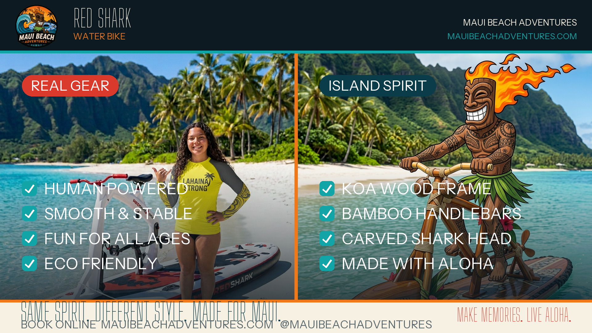 Red Shark Water Bike branded end card — Maui Beach Adventures