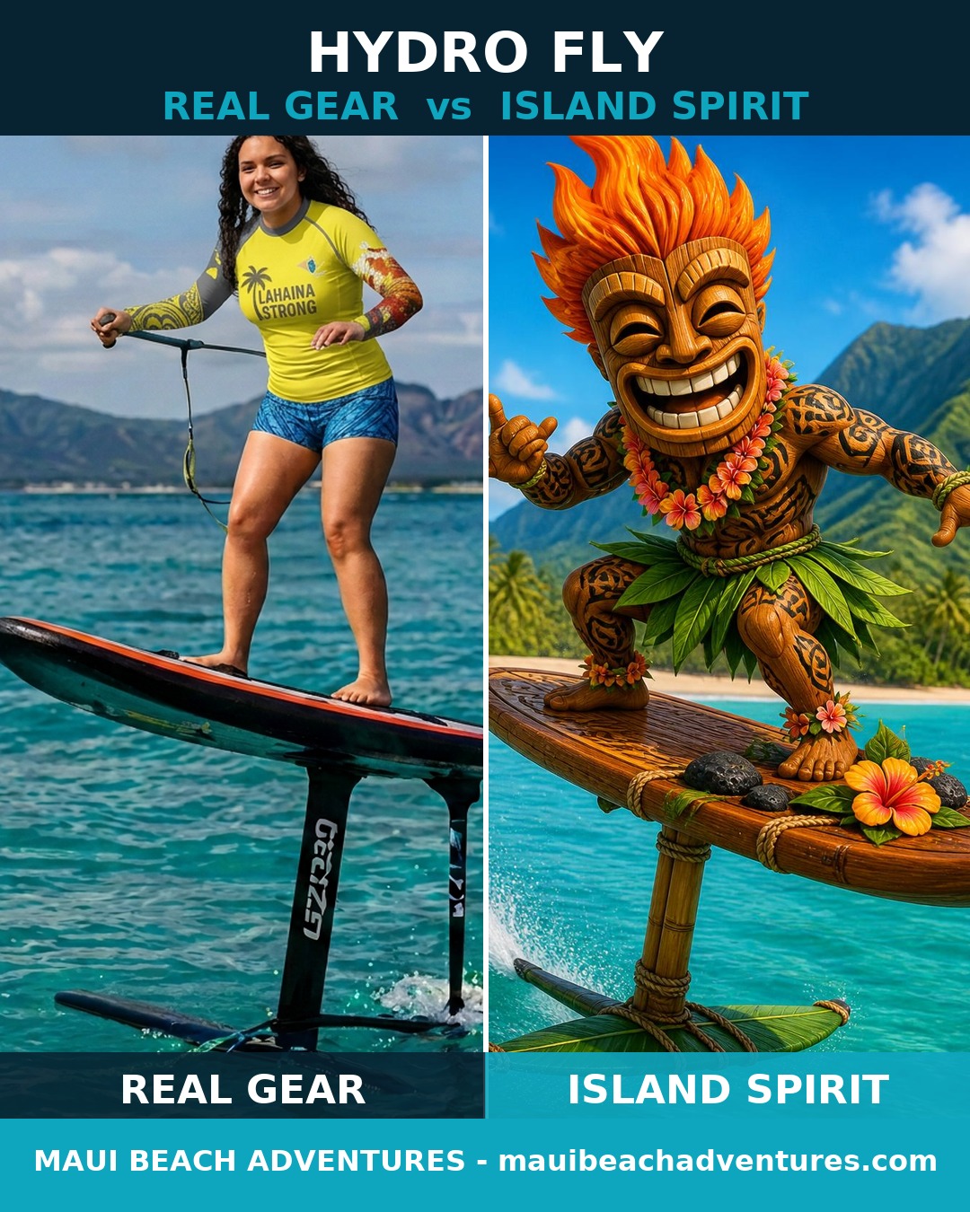 Side-by-side of the real Hydrofly water jet experience and the tiki mascot's handmade wooden flight rig tribute