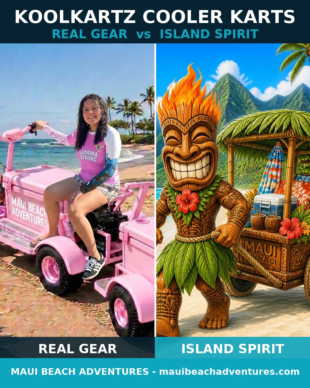 Side-by-side of the real Koolkartz rolling beach cooler cart and the tiki mascot's handmade woven island cart tribute