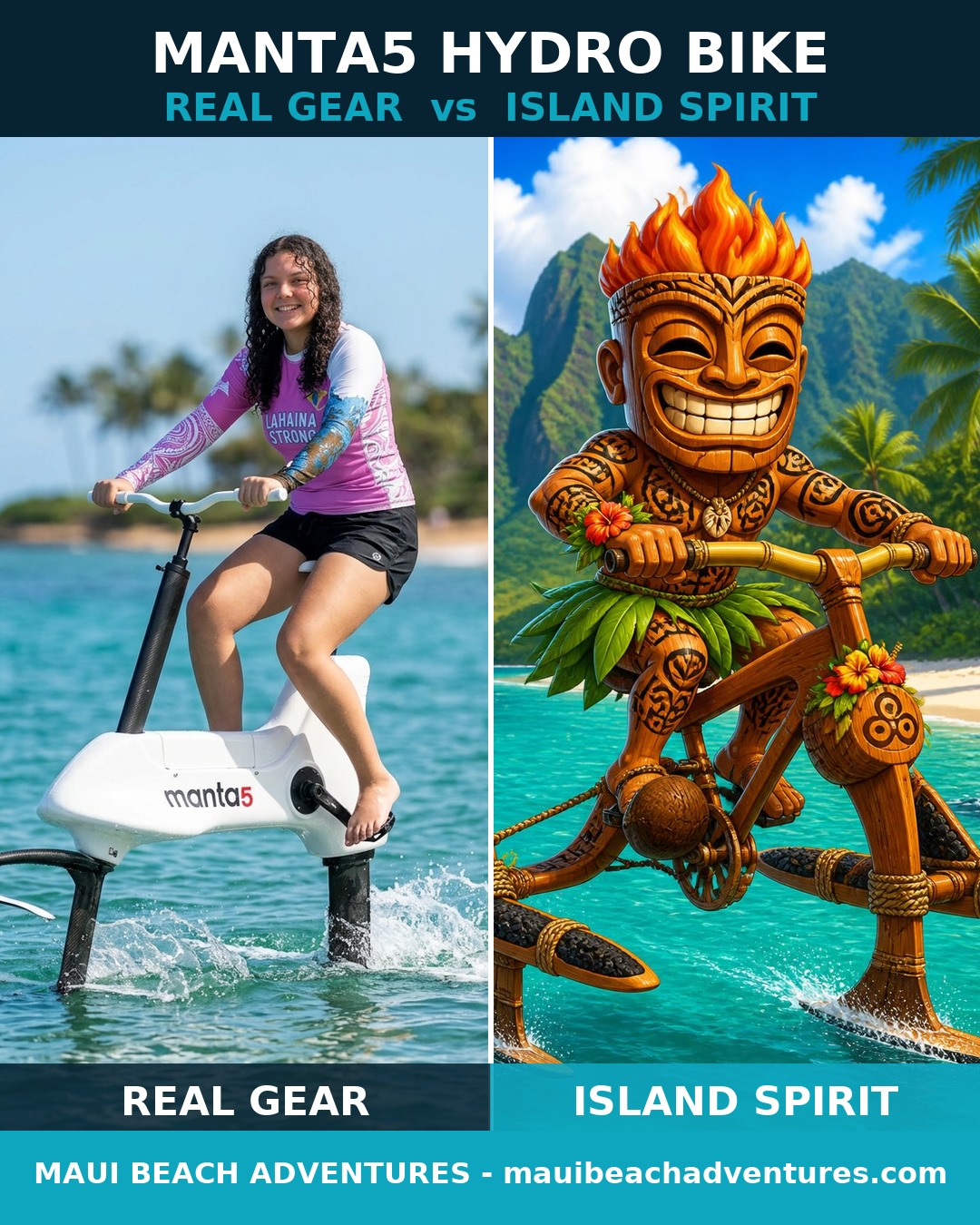Side-by-side of the real Manta5 hydrofoil pedal bike and the tiki mascot's hand-carved koa hydrofoil tribute