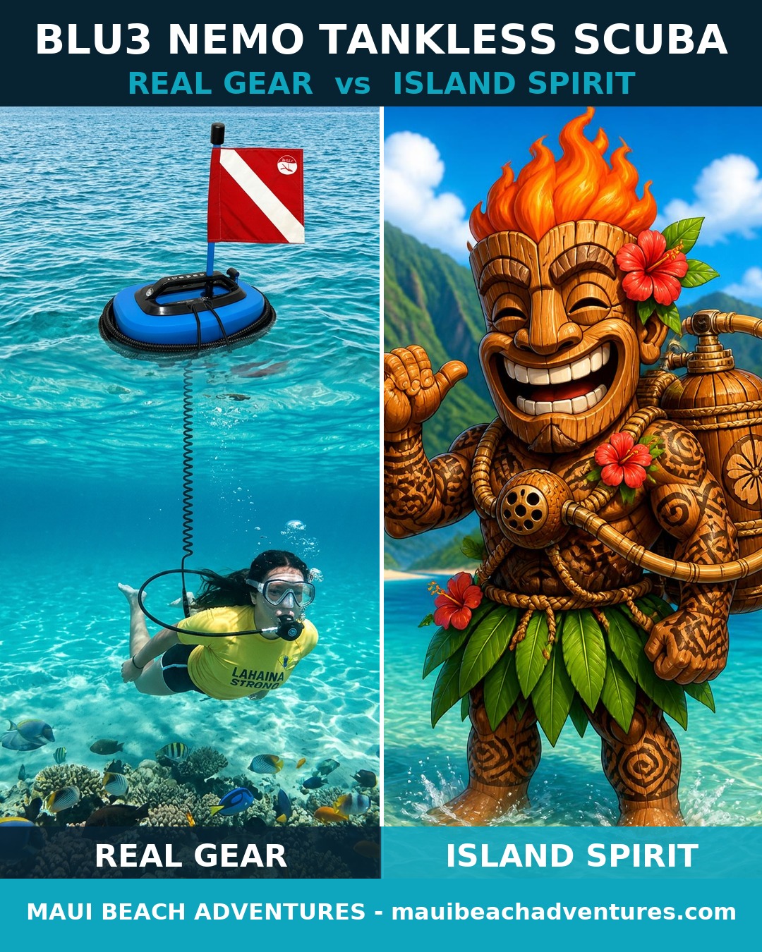 Side-by-side of the real BLU3 Nemo tankless scuba unit and the tiki mascot's handmade koa wood Nemo tribute rig