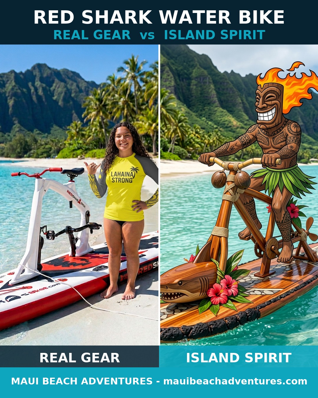 Side-by-side of the real Red Shark water bike on Maui water and the tiki mascot's handmade outrigger water bike tribute