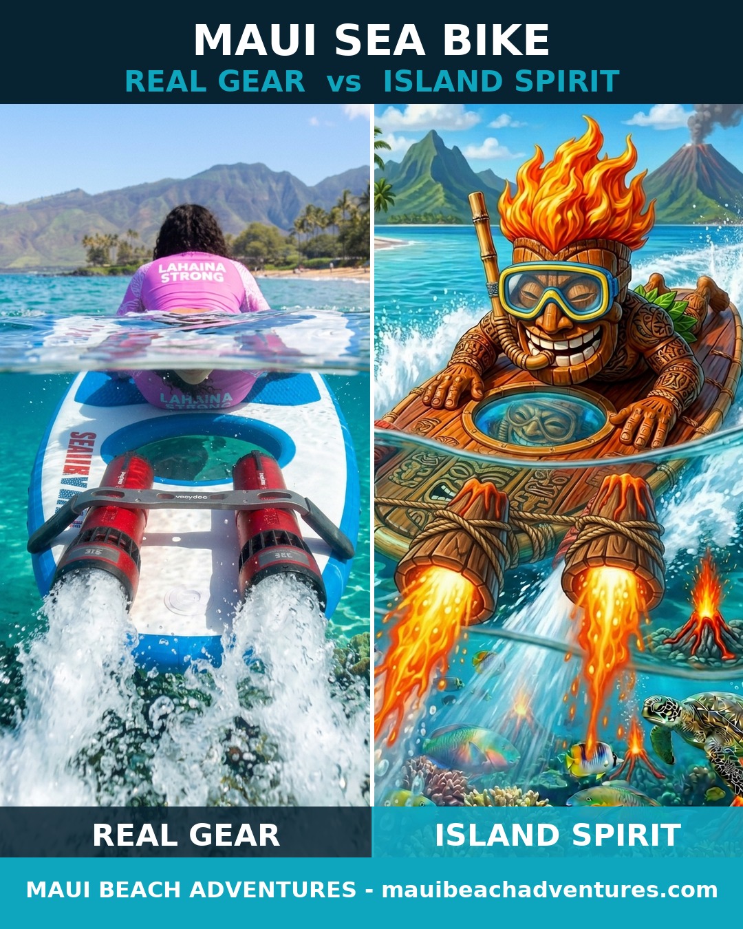 Bella riding the real Maui Sea Board jet board with twin red motors spraying water beside the tiki mascot's carved wooden jet board over erupting underwater volcanoes