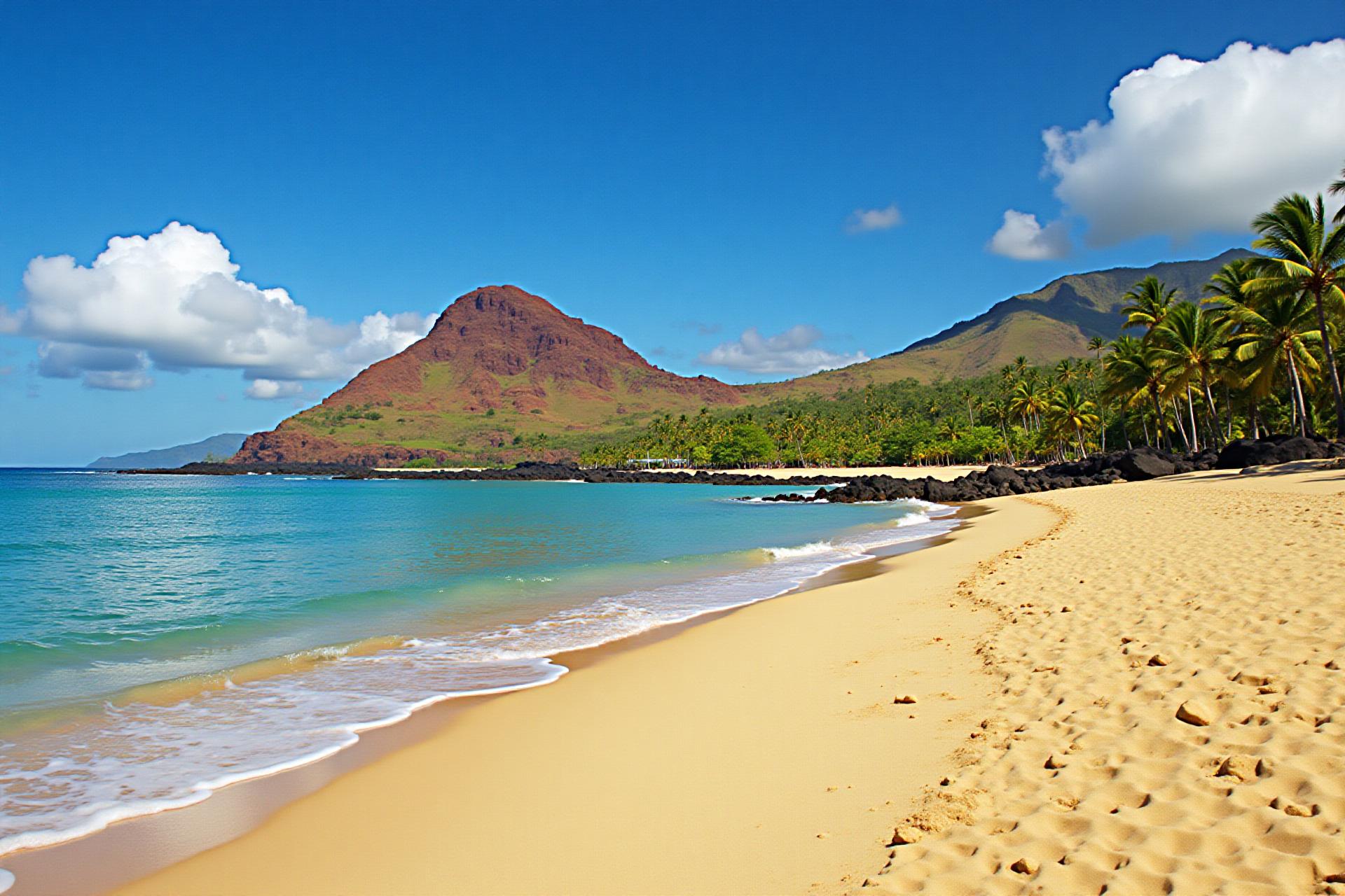 Golden sand, turquoise water and the Puʻu Ōlaʻi cinder cone at Mākena Beach on Maui