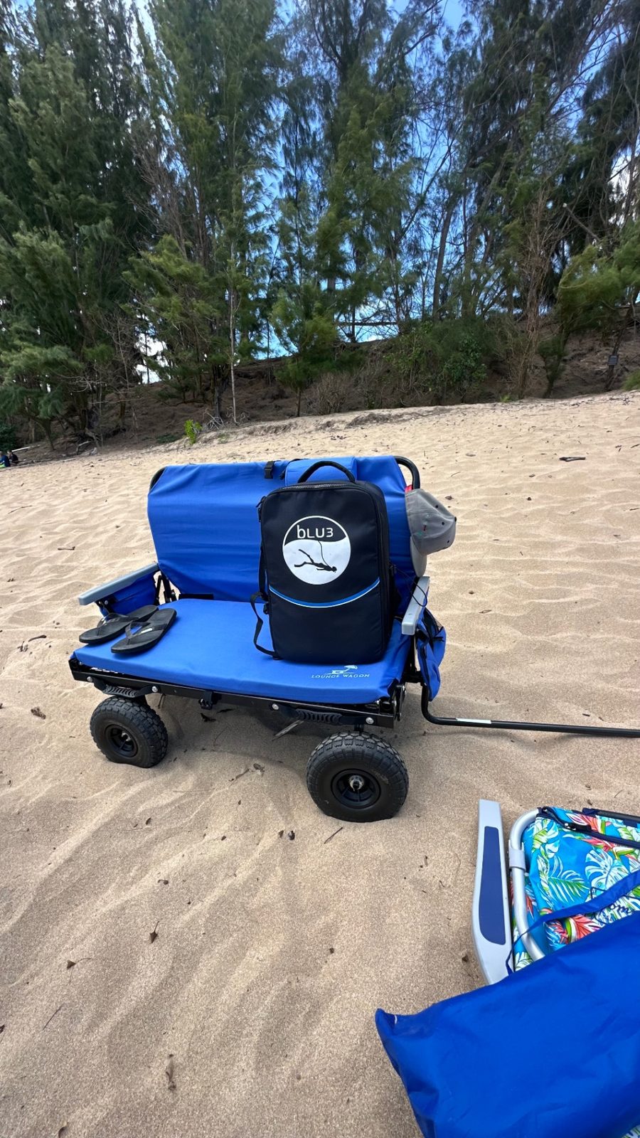 BLU3 Nemo dive kit loaded in the beach wagon on Maui sand