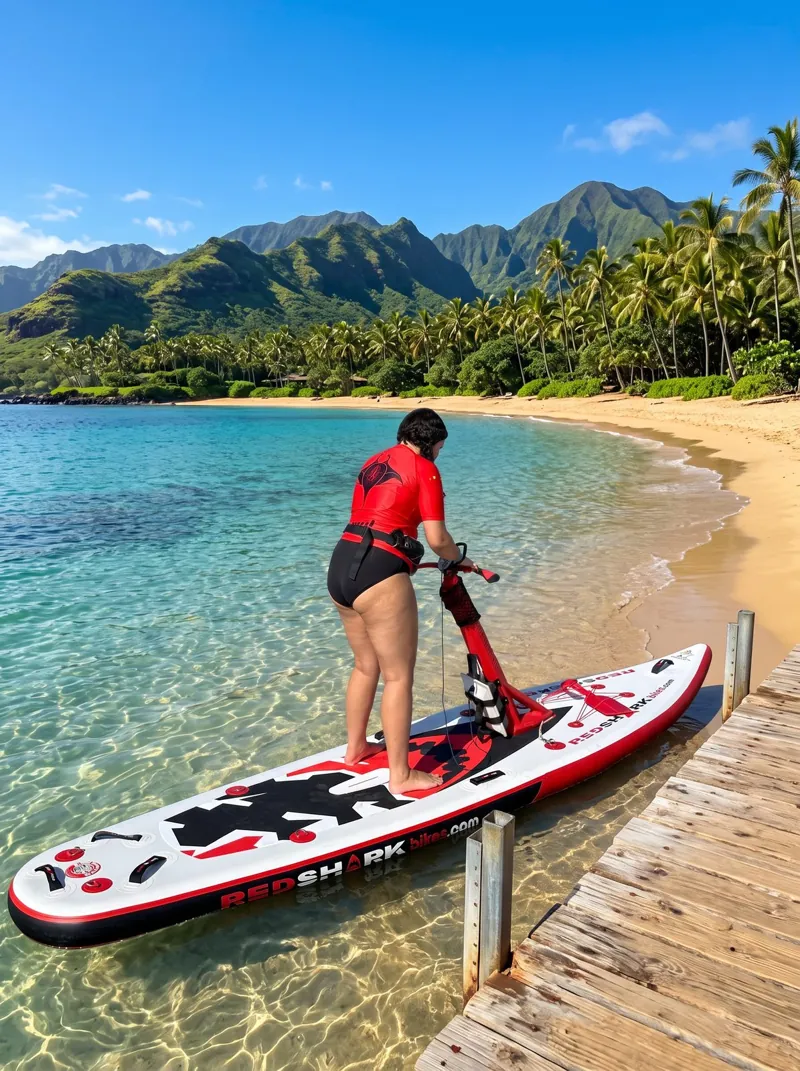 Red Shark water bike being pedaled across the Maui coastline