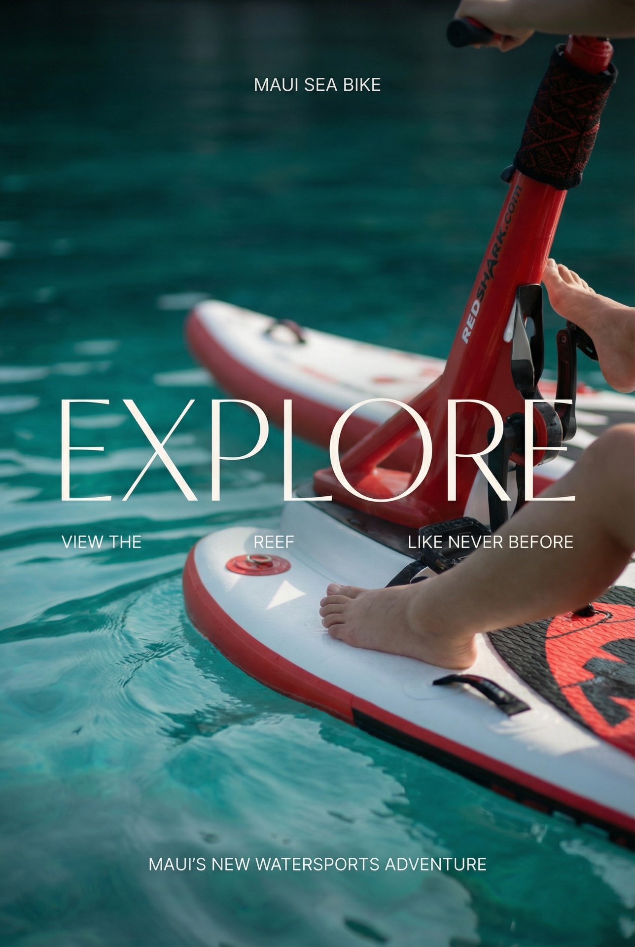 Red Shark water bike exploring a reef in crystal-clear ocean water