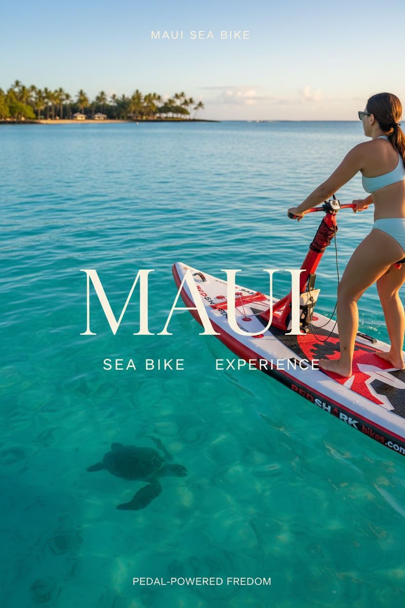 Rider standing on a Red Shark water bike in clear Maui water