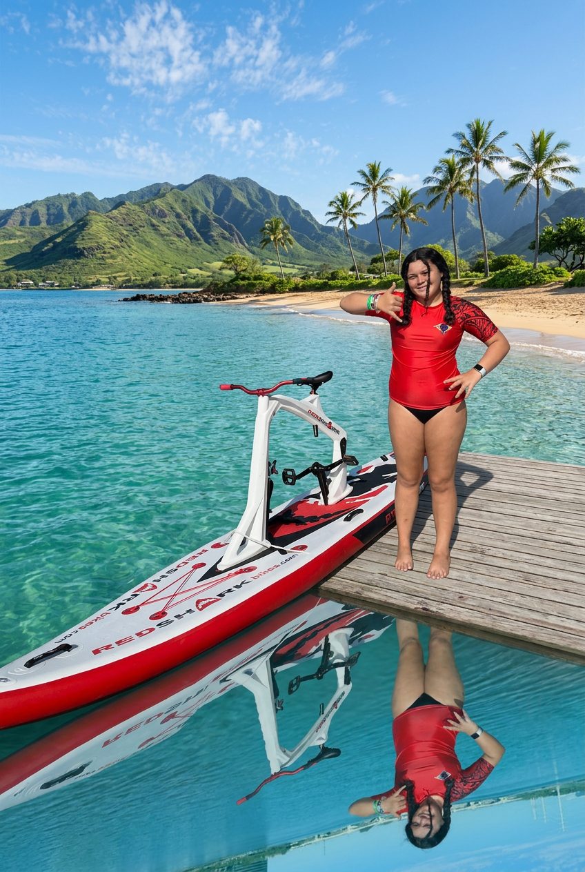 Maui Beach Adventures tiki mascot riding a Red Shark water bike