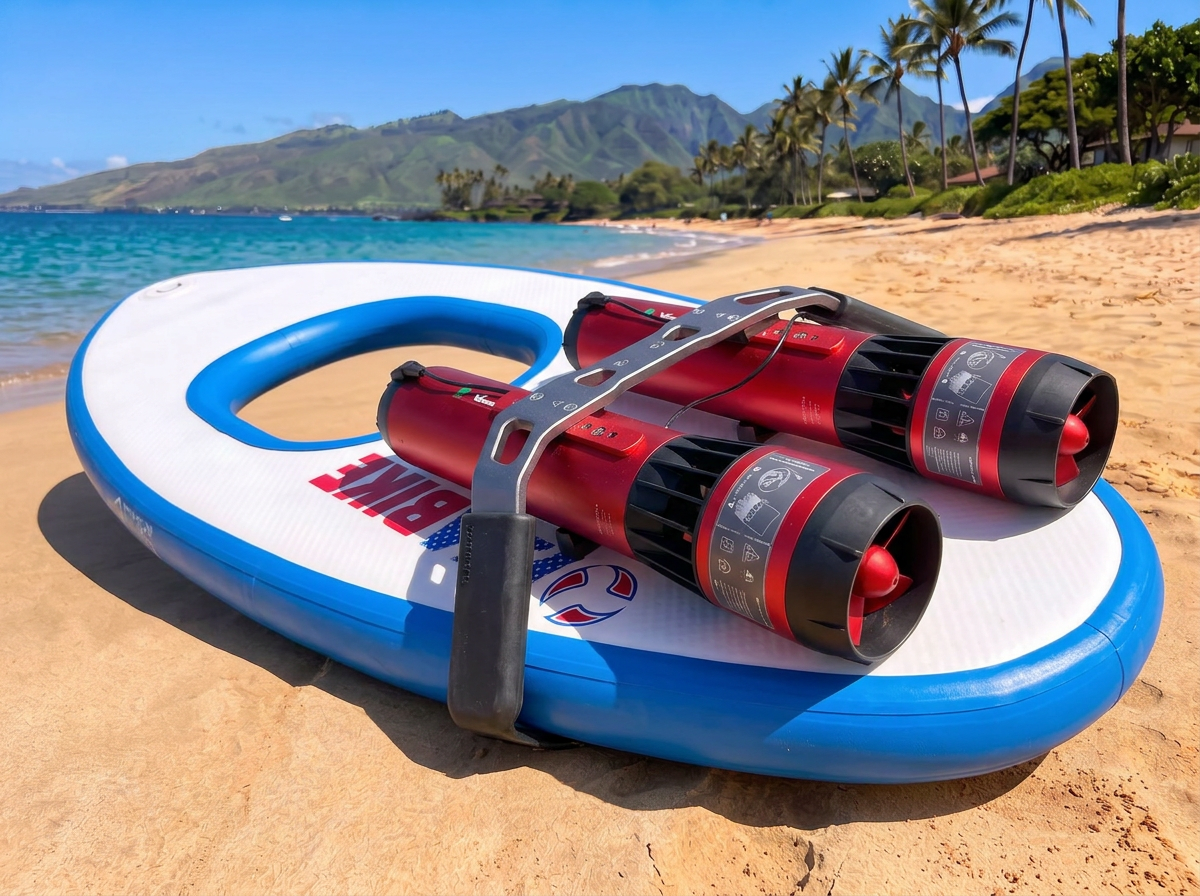 Low three-quarter view from the left side of the Maui Sea Board board on golden beach sand, showing the twin red Waydoo Subnado motors strapped lengthwise to the deck with their propeller nozzles in the foreground, turquoise ocean and palm-lined West Maui mountains behind