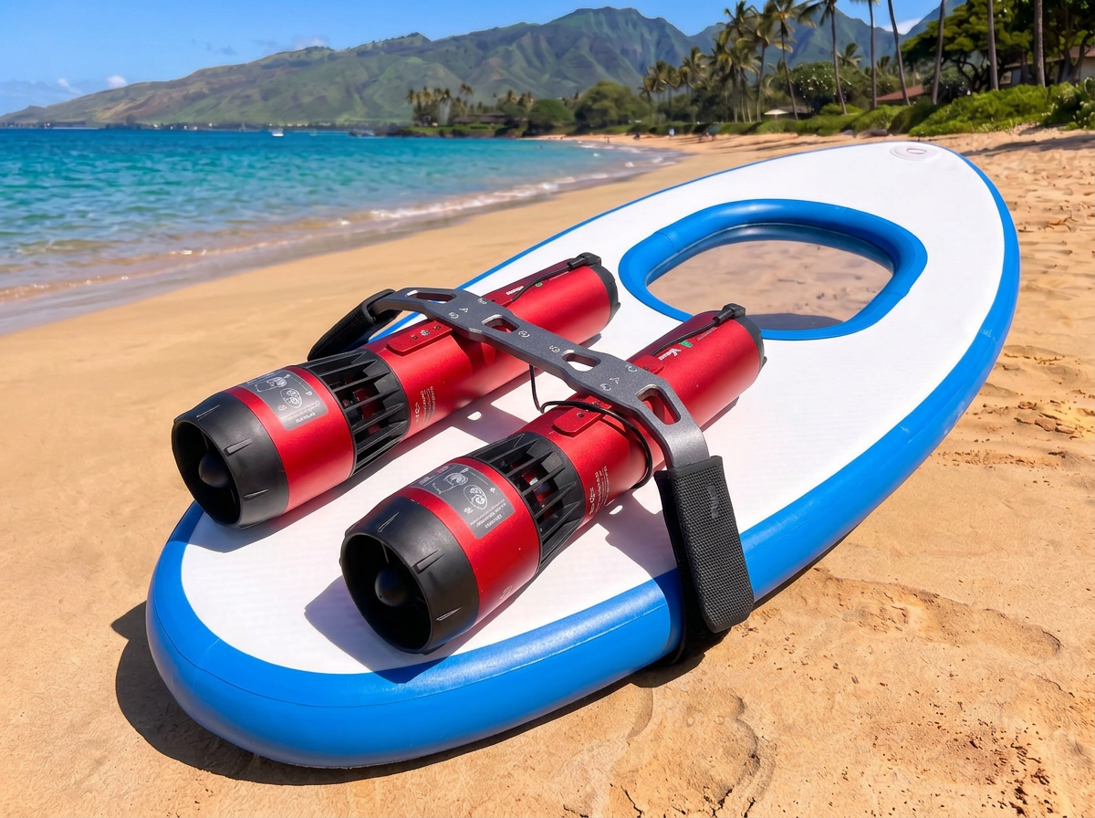 Elevated three-quarter view from the right side and tail of the Maui Sea Board board on Maui beach sand, looking down the white and blue deck past the twin red Waydoo motors toward the nose and the deck viewing window, turquoise ocean and green mountains beyond